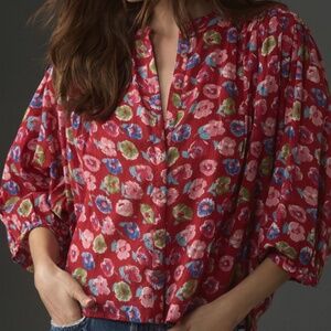 PILCRO Anthropologie Sydney Batwing Blouse Puff Balloon Sleeves Button Front